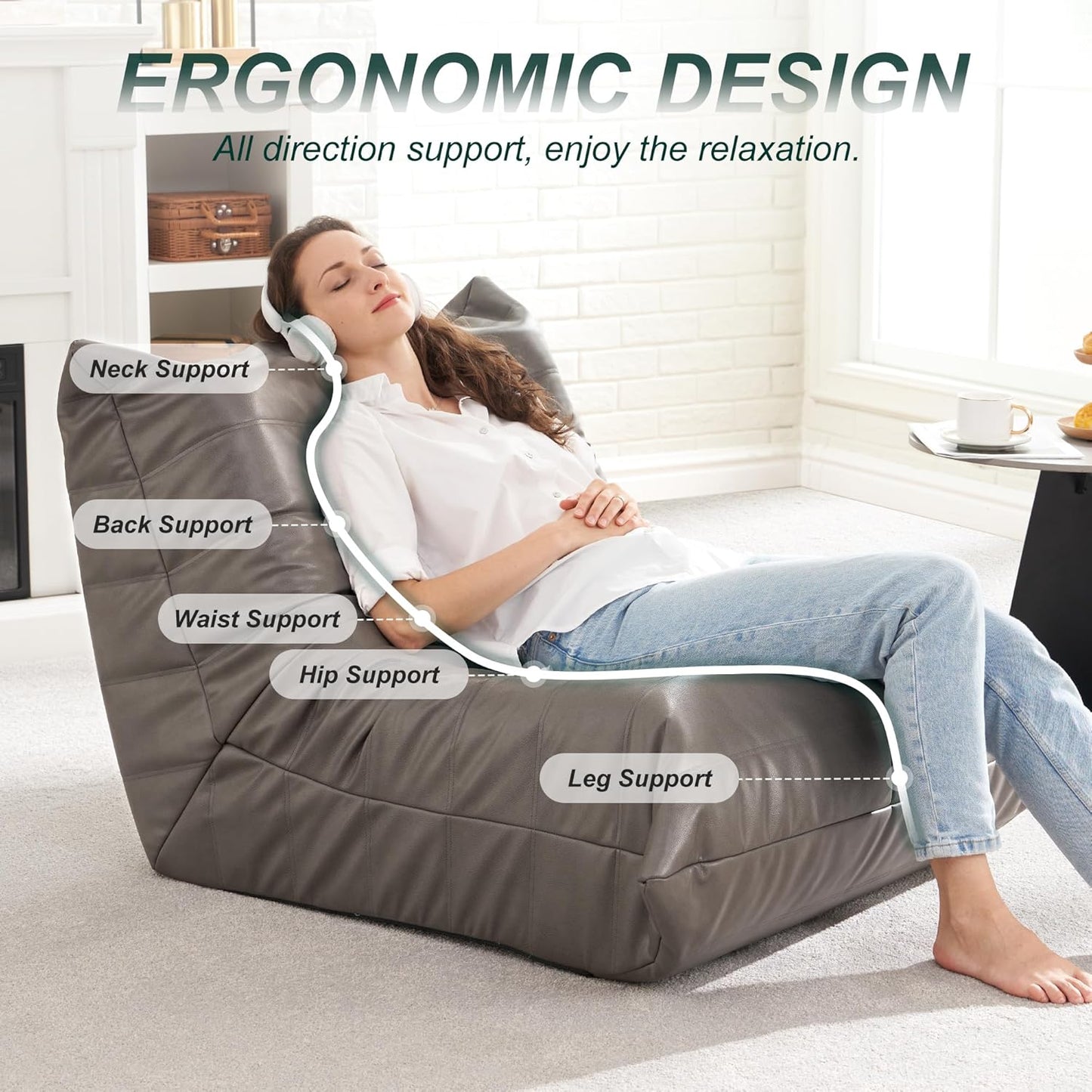 Hobestluk Giant Bean Bag Chair Lazy Floor Sofa, Memory Foam Fireside Sofa for Adults, Big Beanbag Faux Leather Armless Chair for Living Room Bedroom Dorm Office (Grey, Single)