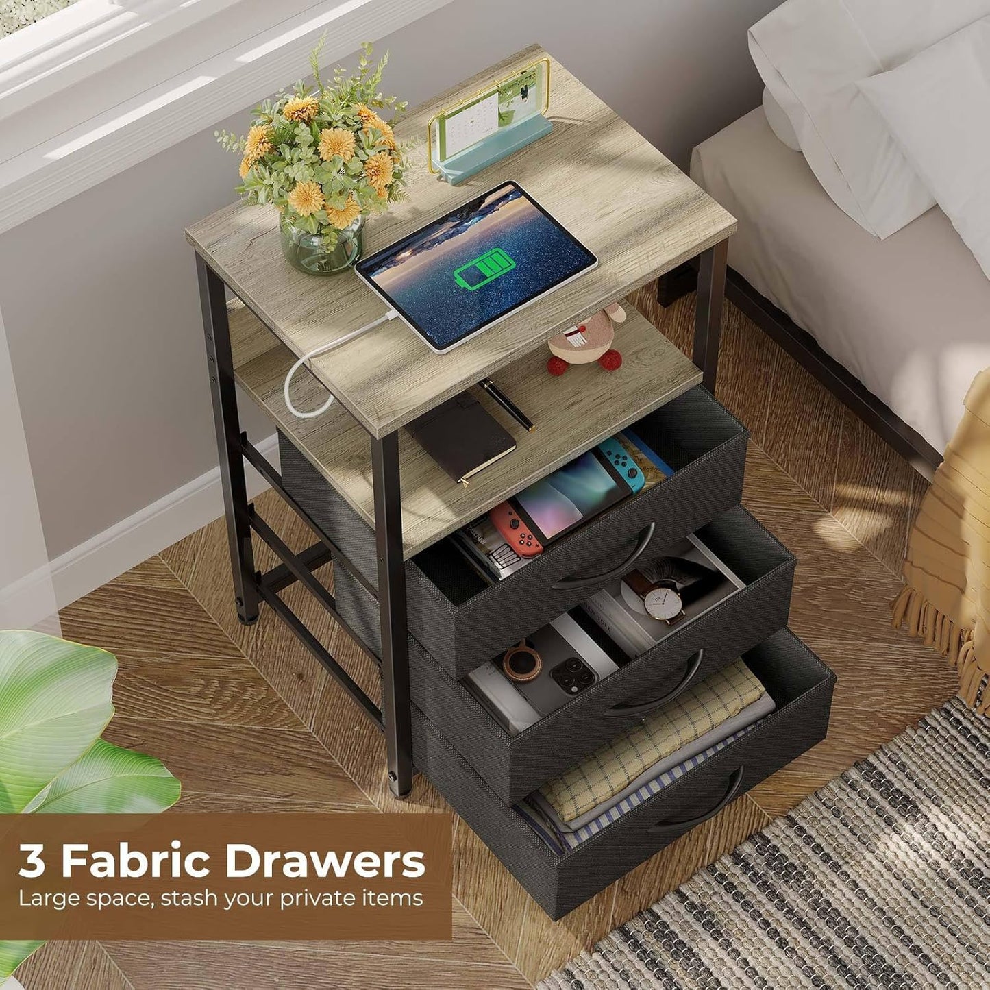 Seventable Nightstand with Charging Station and LED Light, Side Table with 3 Fabric Drawers, Bedside End Table with USB Ports and Outlets, Night Stand for Bedroom, Greige