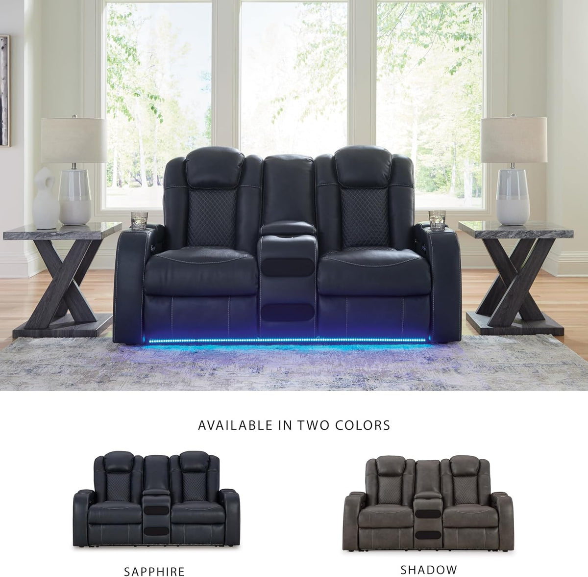 Signature Design by Ashley Fyne-Dyme Contemporary Power Reclining Loveseat with Console, USB Charging Ports and Adjustable Headrest, Blue