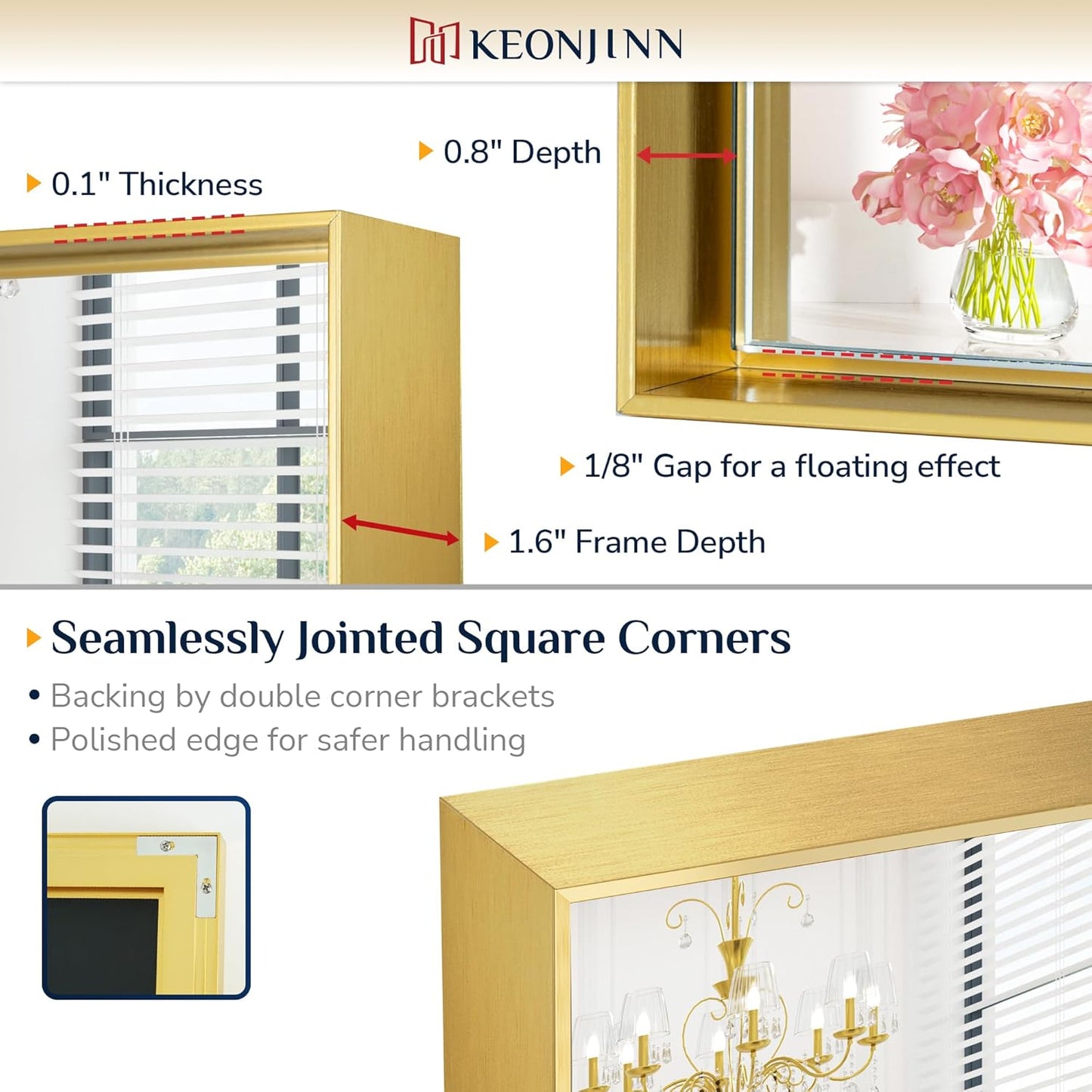 Keonjinn Gold Bathroom Mirrors 48” x 40” Rectangle Wall Vanity Mirror Large Metal Framed Brushed Gold Mirrors Square Corner Farmhouse Mirror for Over Sink(Horizontal/Vertical)