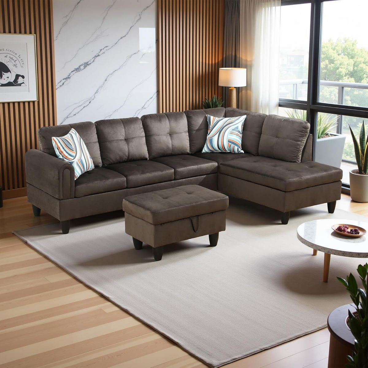 97" Oversized Sectional Couch, L Shaped Couch with Storage Ottoman, Modern Modular Sofa with Deep Seat, Sectional Couches for Living Room and Office, Dark Brown (Flannel)