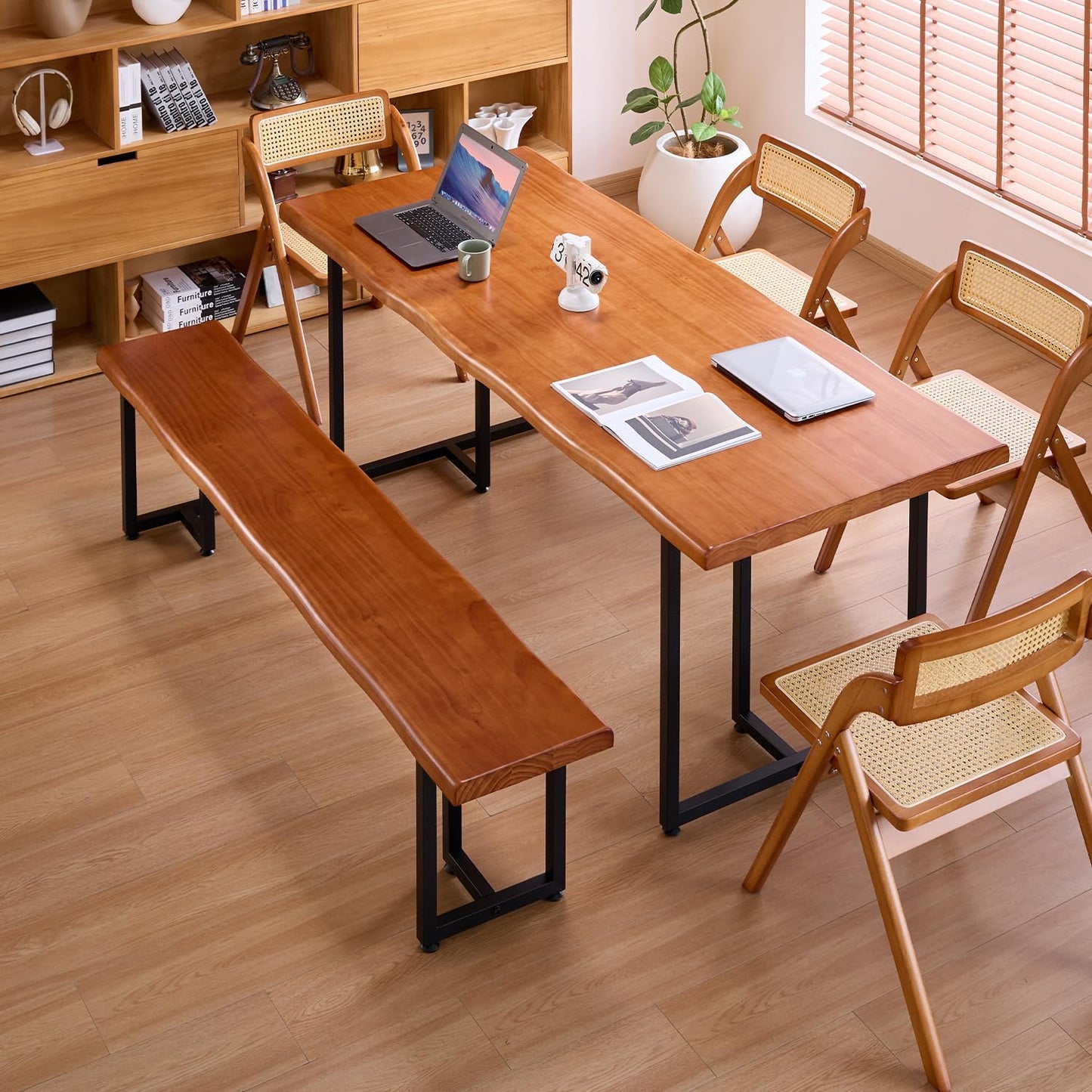 Durable Solid Wood Top Bench with Metal Triangular Legs – Stylish Long Dining Bench for Home, Office, Restaurant & Patio (Wooden Brown Bench, 70.87in)