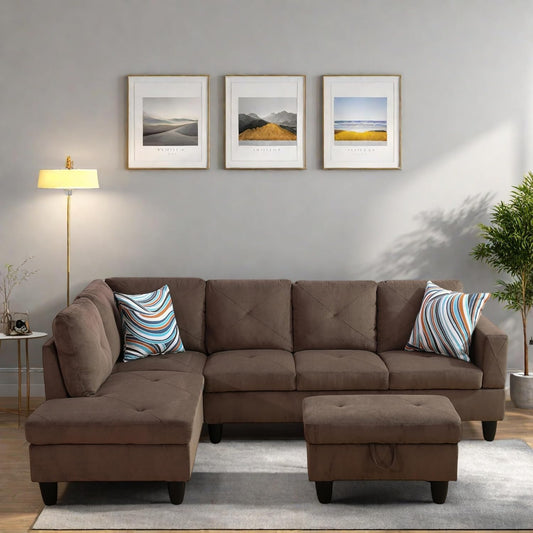 L Shaped Sectional Couches, Modern Modular Sectional Sofa for Living Room Bedroom Furniture, Comfy 4 Seat Couch with Ottoman Storage & Chaise, Brown
