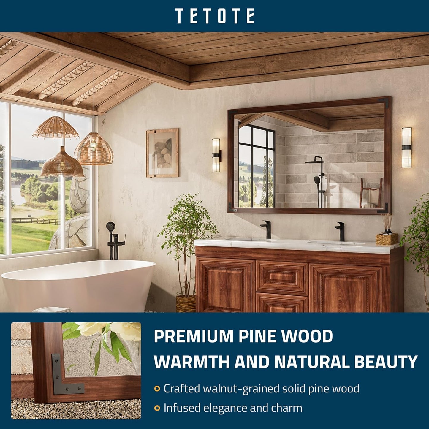 TETOTE 55 x 36 Walnut Wooden Mirror for Bathroom Wall/Bedroom/Living Room/Entryway Farmhouse Rustic Bathroom Vanity Mirror Waterproof (Horizontal/Vertical Mounted)