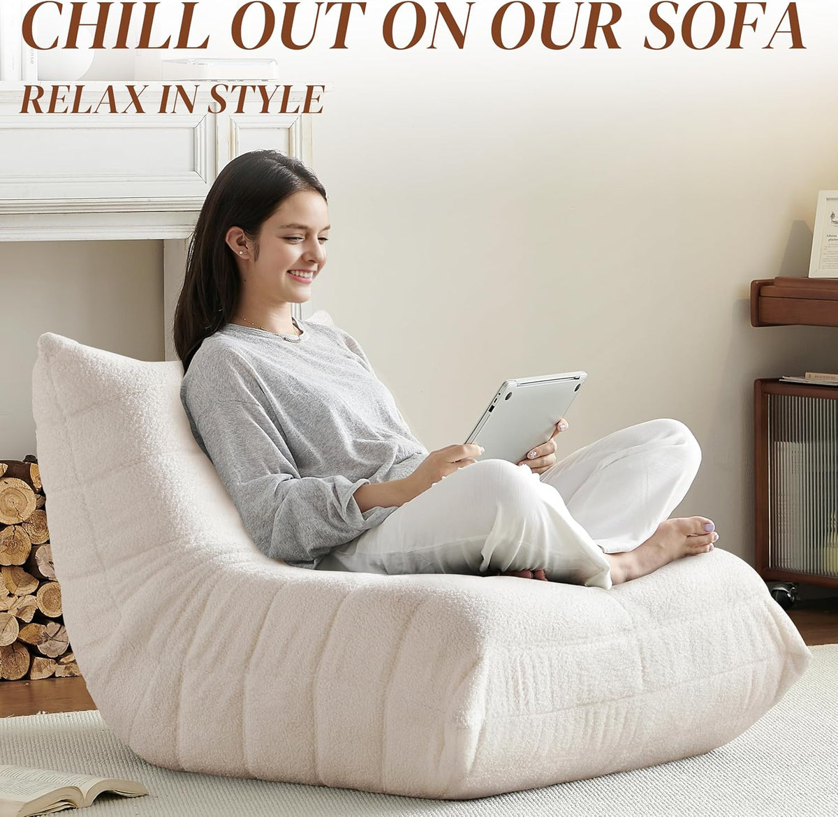Bean Bag Chair, Fireside Chair Bean Bag Sofa for Adults, Bean Bag Chairs for Teens with High-Resilience Foam, Memory Foam & Non-Slip Base Bean Bag for Living Room, Bedroom, Office (Teddy, Beige)