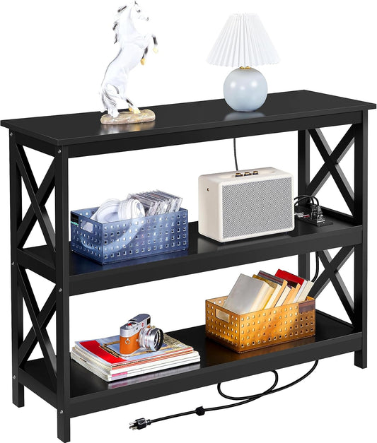 Yaheetech Entryway Table with Storage Shelves, Console Table with Power Outlets and USB Ports, Wood Narrow Sofa Tables with X-Shaped Design for Living Room/Hallway/Couch, Black