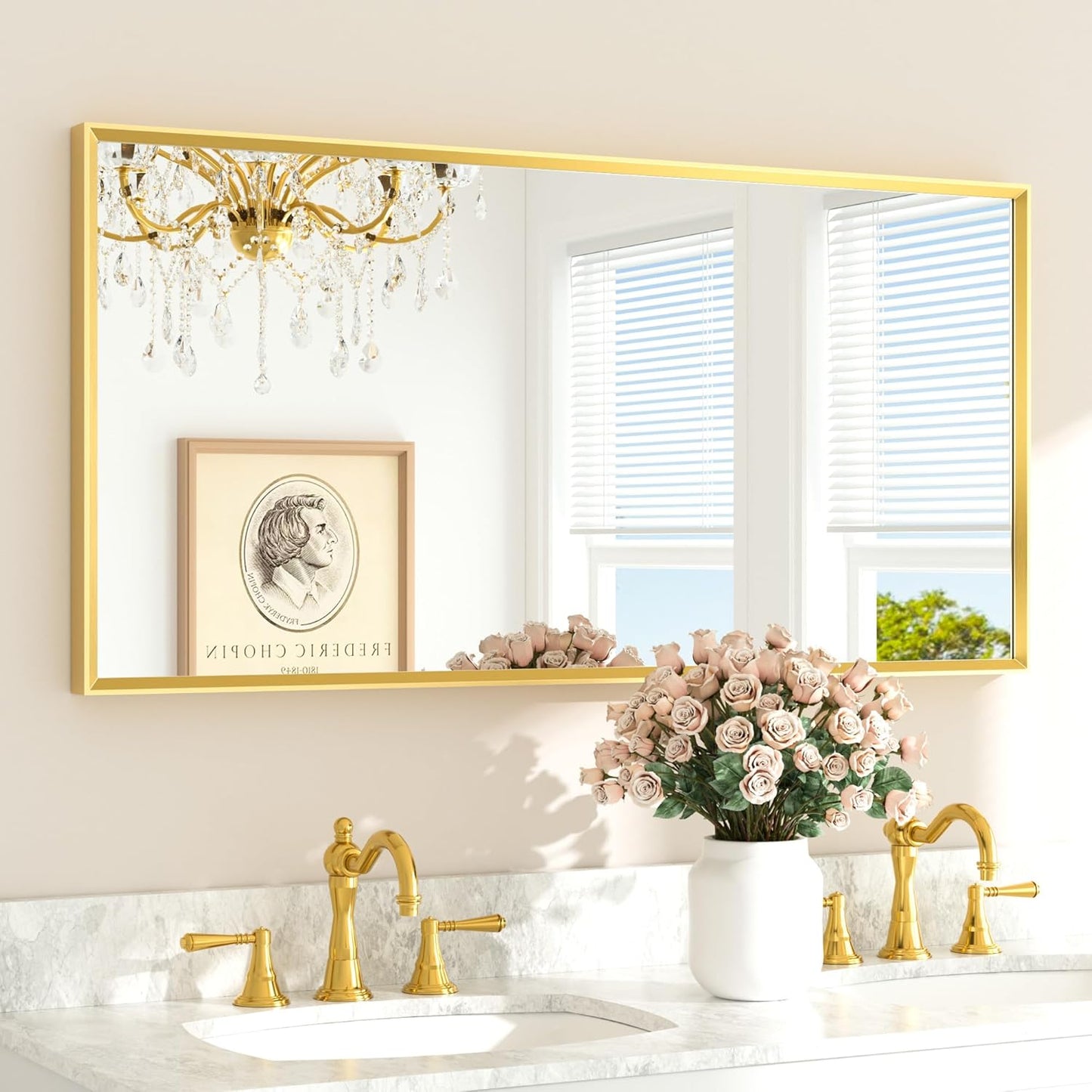 TETOTE Brushed Gold Frame Mirror for Bathroom Wall 48" x 24" Brushed Brass Beveled Rectangle Bathroom Vanity Mirror for Over Sink, Bedroom, Entryway, Living Room, Tempered Glass, Stronger Frame