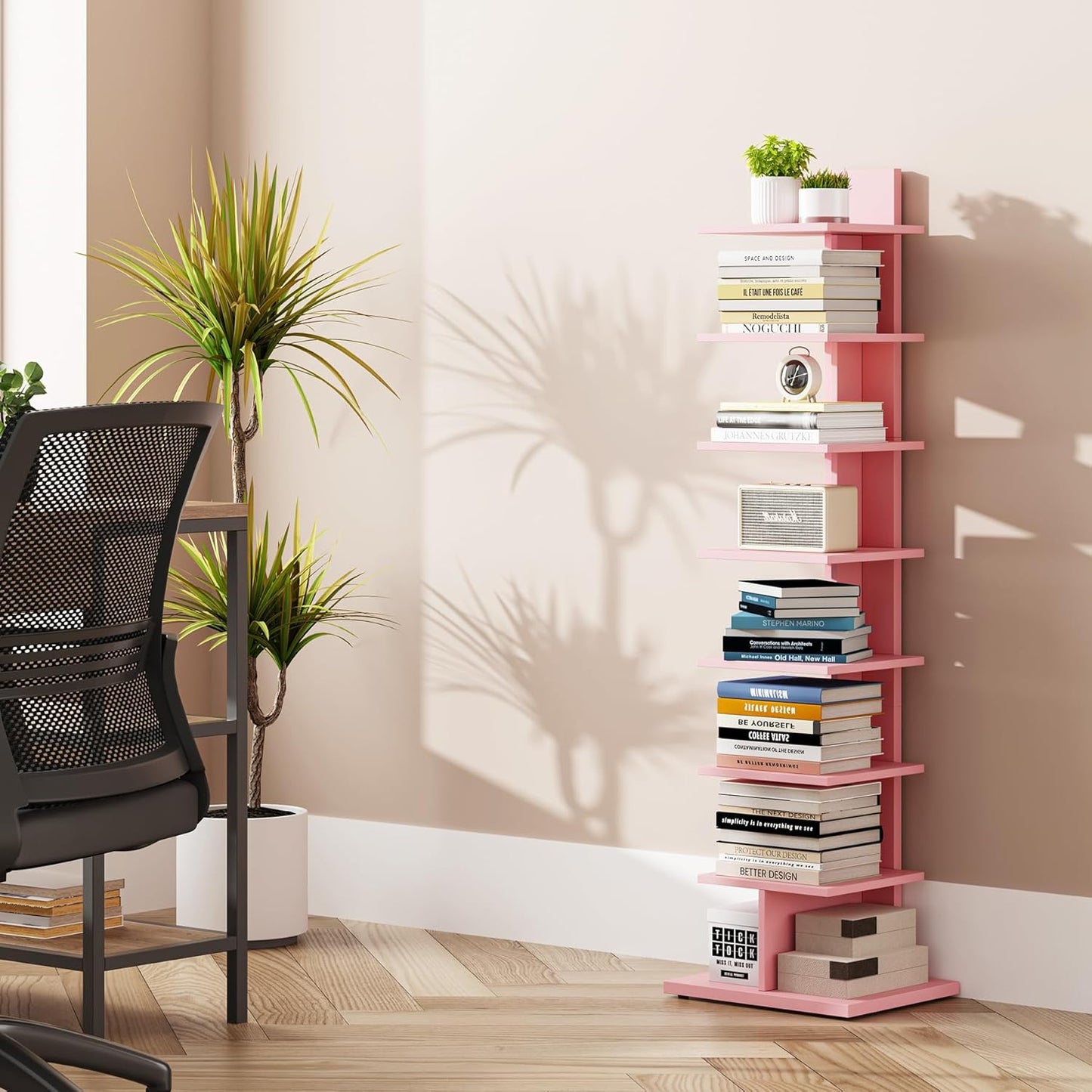 TUTOTAK Bookshelf, 8-Tier Bookcase, Narrow Spine Book Shelf for Small Space, Corner Standing Shelf for Living Room, Office, Study, Entryway, Pink BS06BP008