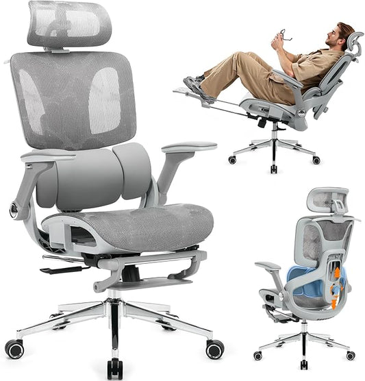 Ergonomic Mesh Office Chair with 4D Armrests, High Back Desk Chair Computer Gaming Chairs with Footrest, Adjustable 3-Zone Dynamic Lumbar Support, Ergonomic Office Chair with Wheels, Gray