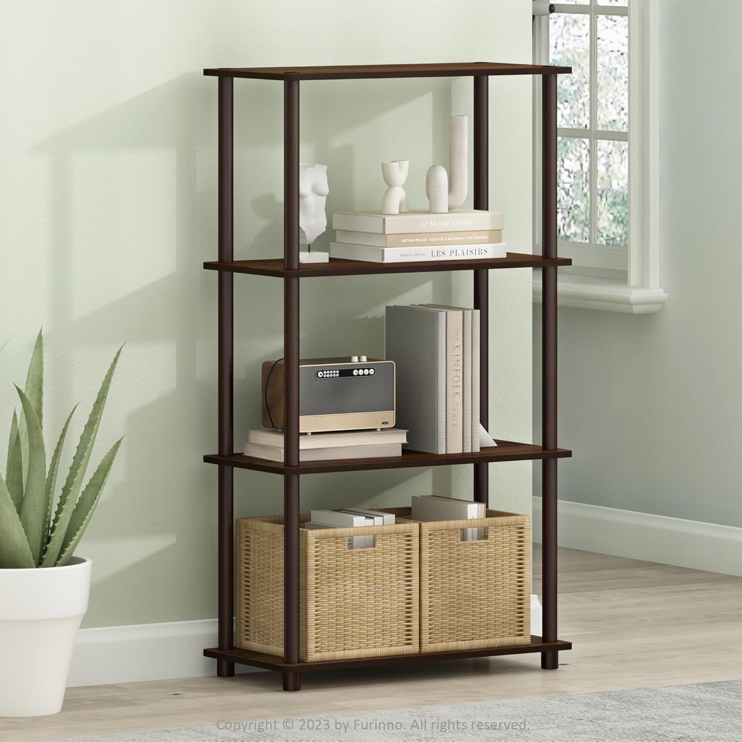 Furinno Turn-N-Tube 4-Tier Multipurpose Shelf Display Rack, Round Tubes, Walnut/Brown