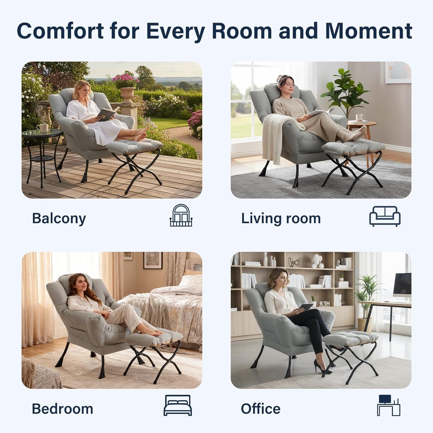 Lazy Chair with Ottoman, Modern Accent Chair Contemporary Lounge Leisure Sofa Chair with Armrests, Reading Chair and Folding Footstool Set for Living Room, Bedroom, Office, White Grey