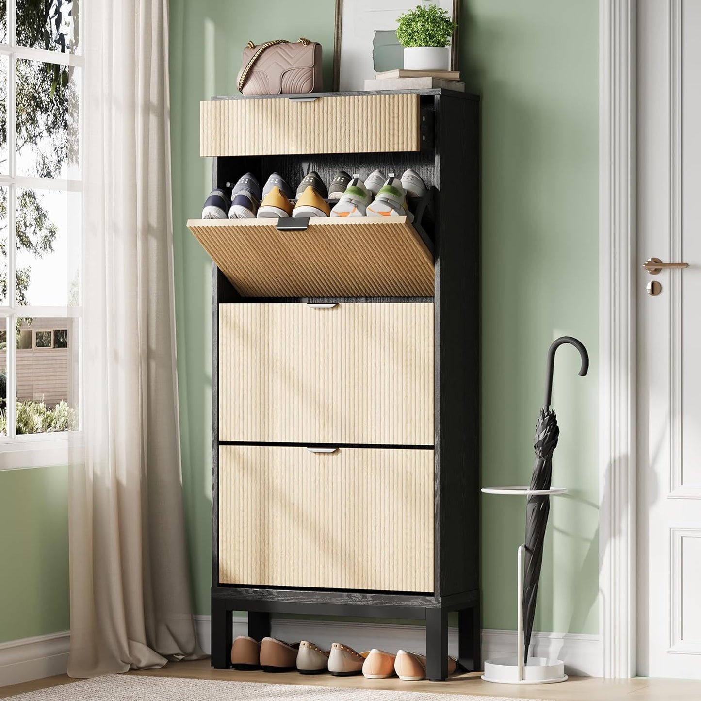 GarveeHome Shoe Cabinet with 3 Flip Doors & 1 Drawer, Entrance Wooden Shoe Rack with Iron Legs, Slim Shoe Storage Cabinet, Modern Fluted Shoe Organizer for Entryway Hallway, Black+Oak