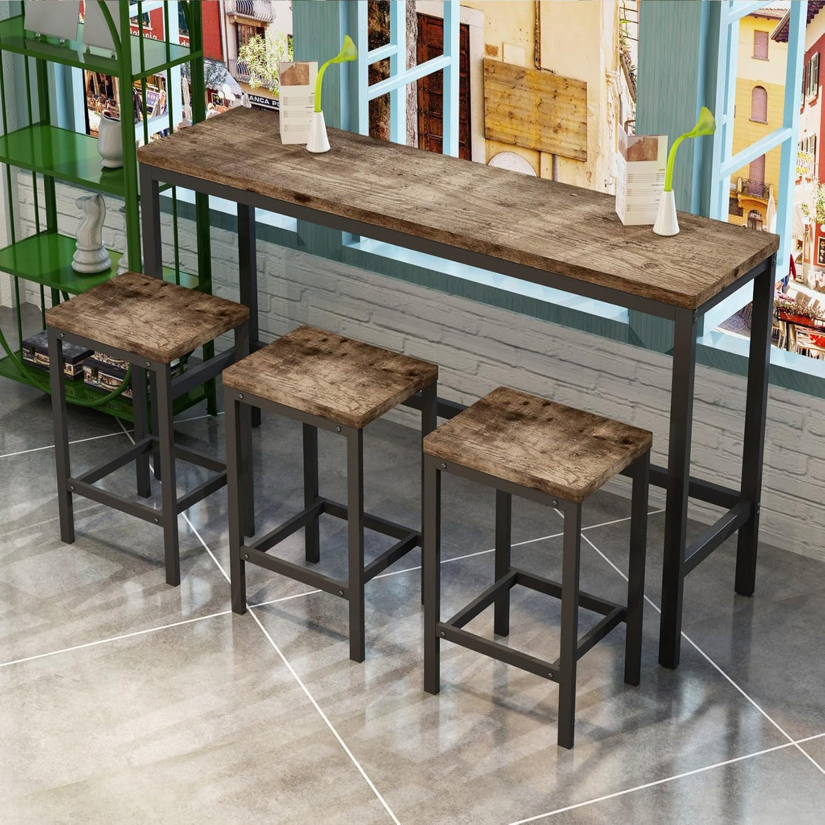 KEIKI 60.24” Long Bar High Top Dining Table and 3 Stools Chairs Set, Wood Behind Couch Sofa Counter Height Pub Furniture for Breakfast, Kitchen Living Party Room, Natural