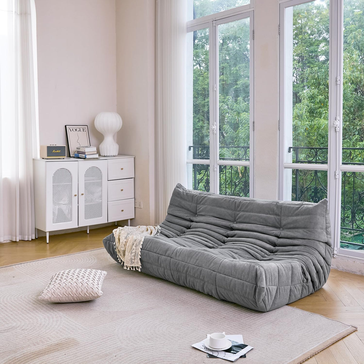 N&V Fireside Chair, Mid Century Armless Floor Sofa, Soft Premium Microfiber Floor Lounge Chair, Foam Sofa Accent Chair for Living Room Bedroom and Office (Grey, Three Seater)