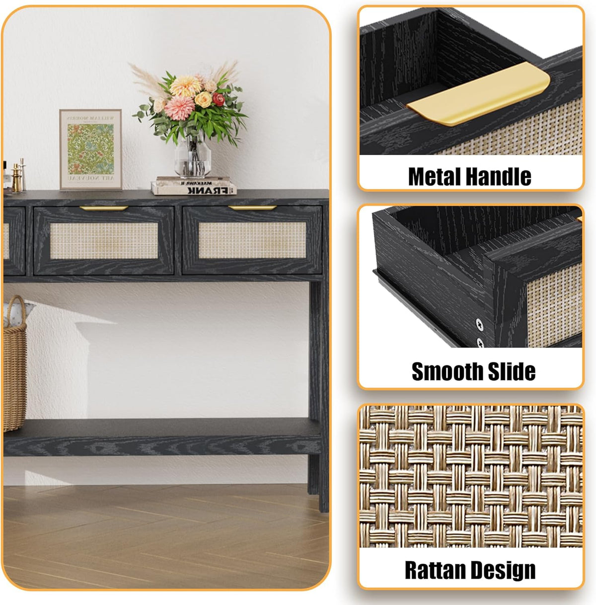 Entryway Table, Boho Console Table with 3 Storage Drawers and Storage Shelf, Sofa Table with Socket, for Entryway, Living Room, Behind Couch and Hallway (Black)