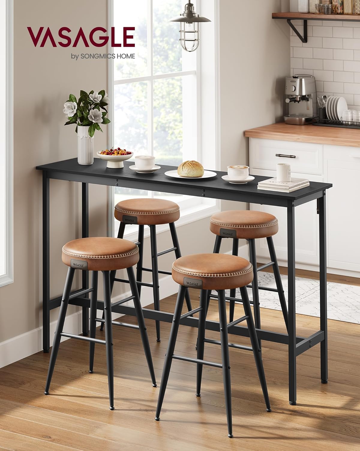 VASAGLE Bar Table, Narrow Long Kitchen Dining Table, Sturdy Metal Frame, Industrial, 15.7 x 55.1 x 35.4 Inches, Ebony Black and Ink Black ULBT140B56