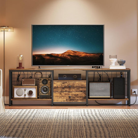 TV Stand with Power Outlet Up to 75 Inch, Entertainment Center with 2 Fabric Drawers, TV Console Table with Open Storage Shelves for TVs, Cable Management, for Living Room, Bedroom, DS18UBRY1
