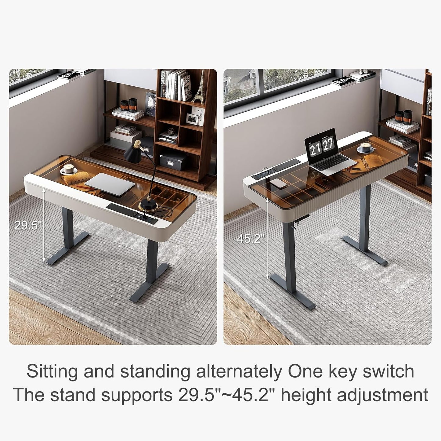 Lartis Office Desk, Electric Computer Lift Table Standing Desk with Drawer Charging USB Port, Home Office Laptop Table with Drawer