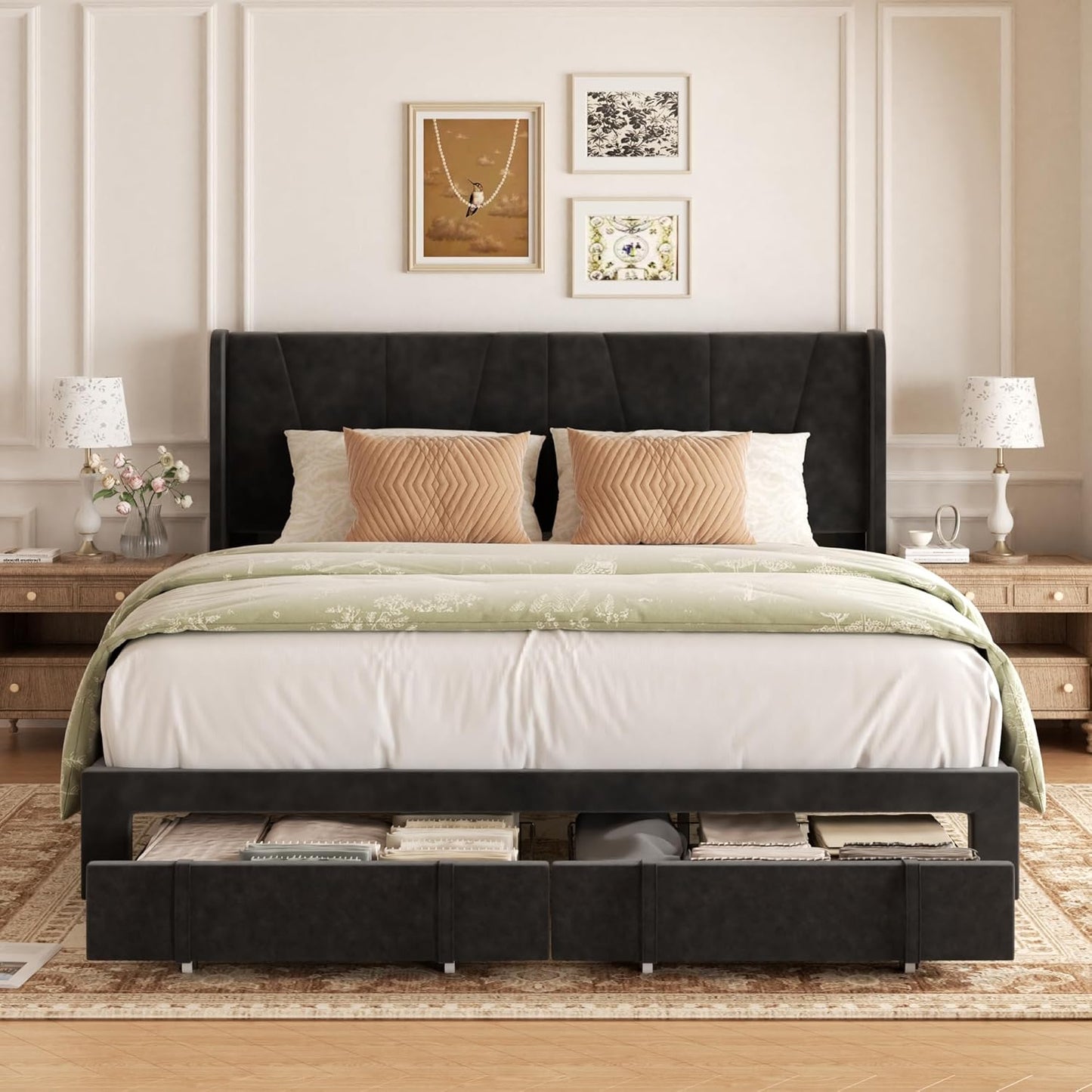 King Bed Frame with Storage Drawers, Upholstered Platform Bed with Headboard and Wingboard, No Box Spring Needed, NO Noise, Easy Assembly, Wooden Support Slats, Black