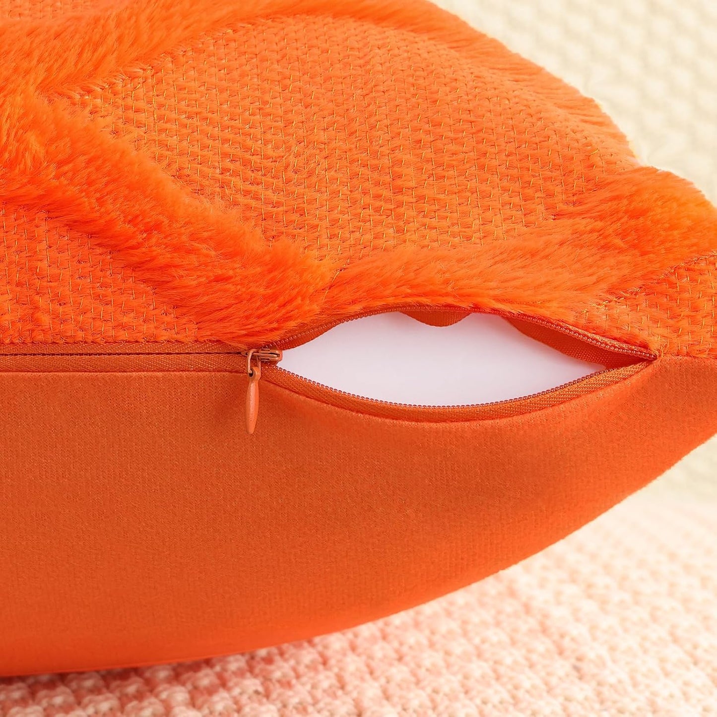 decorUhome Fall Throw Pillow Covers 22x22 Inch Set of 2, Soft Plush Faux Fur Wool Orange Couch Pillow Covers, Decorative Neutral Pillow Cases for Bed Sofa Living Room Home Decor
