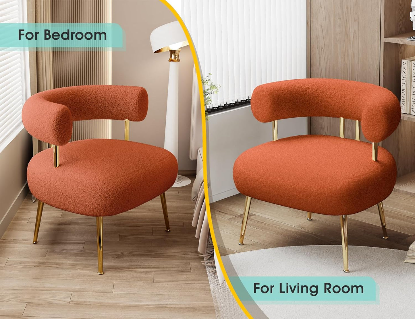Mid Century Sherpa Boucle Accent Chair, Round Upholstered Barrel Arm Chair for Small Spaces, Fluffy Side Corner Sofa Chair for Living Room, Bedroom, Vanity, Office, Reading Nook(Orange)