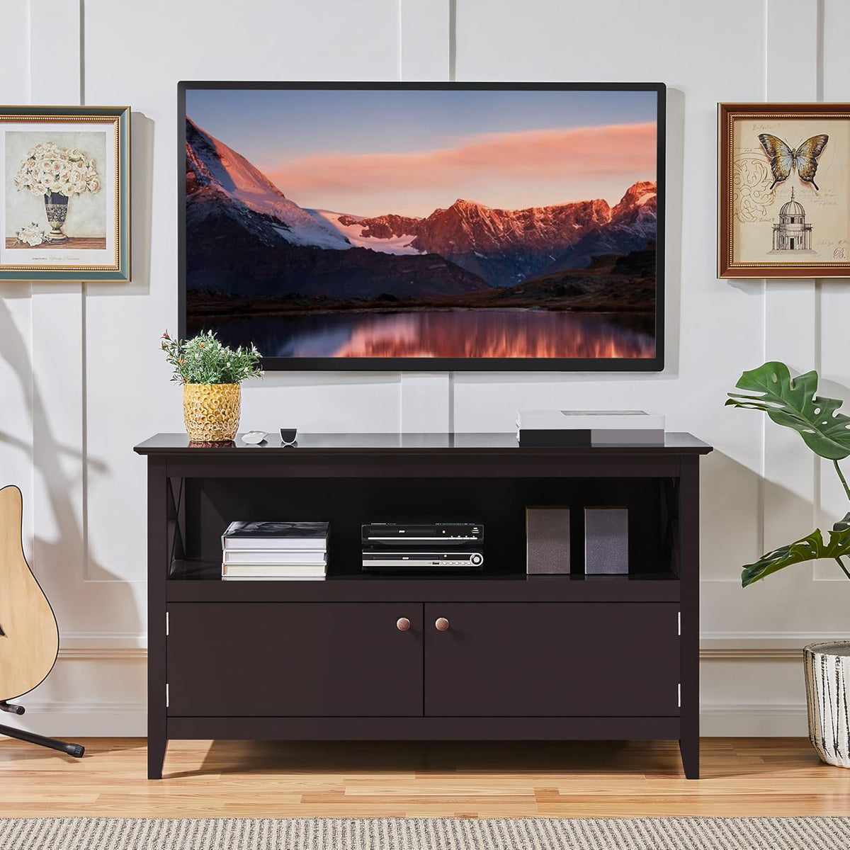 Yaheetech Wooden TV Stand for TVs Up to 48 inch, Media Entertainment Center Table, TV Cabinet Table with Storage Open Shelf & 2 Doors for Living Room, Espresso