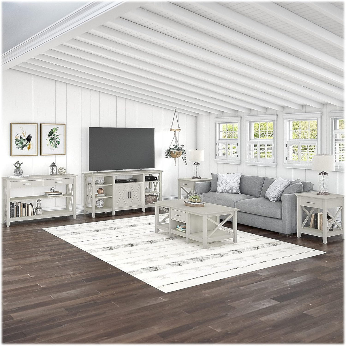 Bush Furniture Key West Tall TV Stand for 65 Inch TV in Linen White Oak, Farmhouse Entertainment Center with Storage