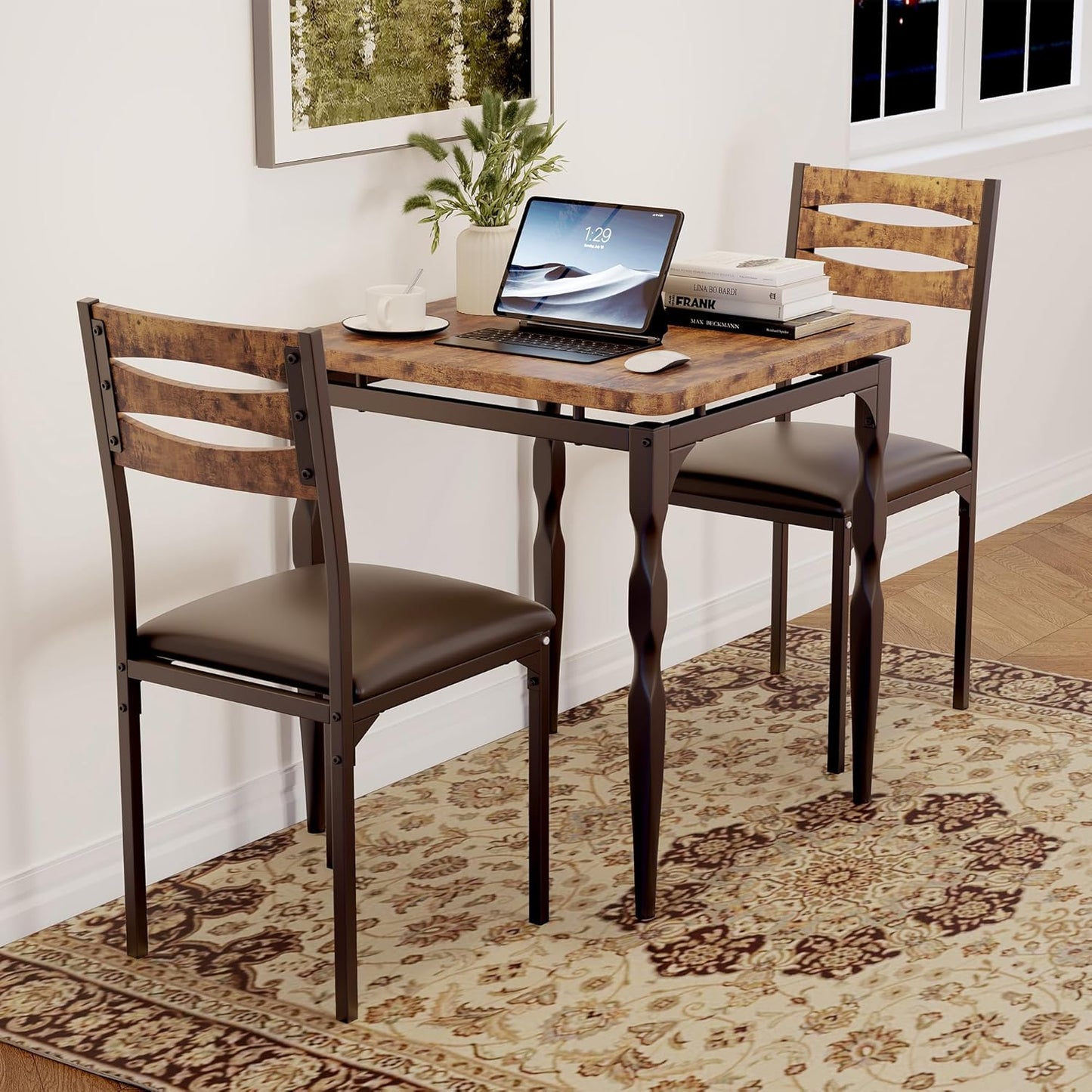 GarveeHome Dining Table Set for 2, Dining Table and Chairs Set of 2, 3 Piece Dining Table Set with Spiral Table Legs for Small Spaces, Kitchen, Apartment, Brown
