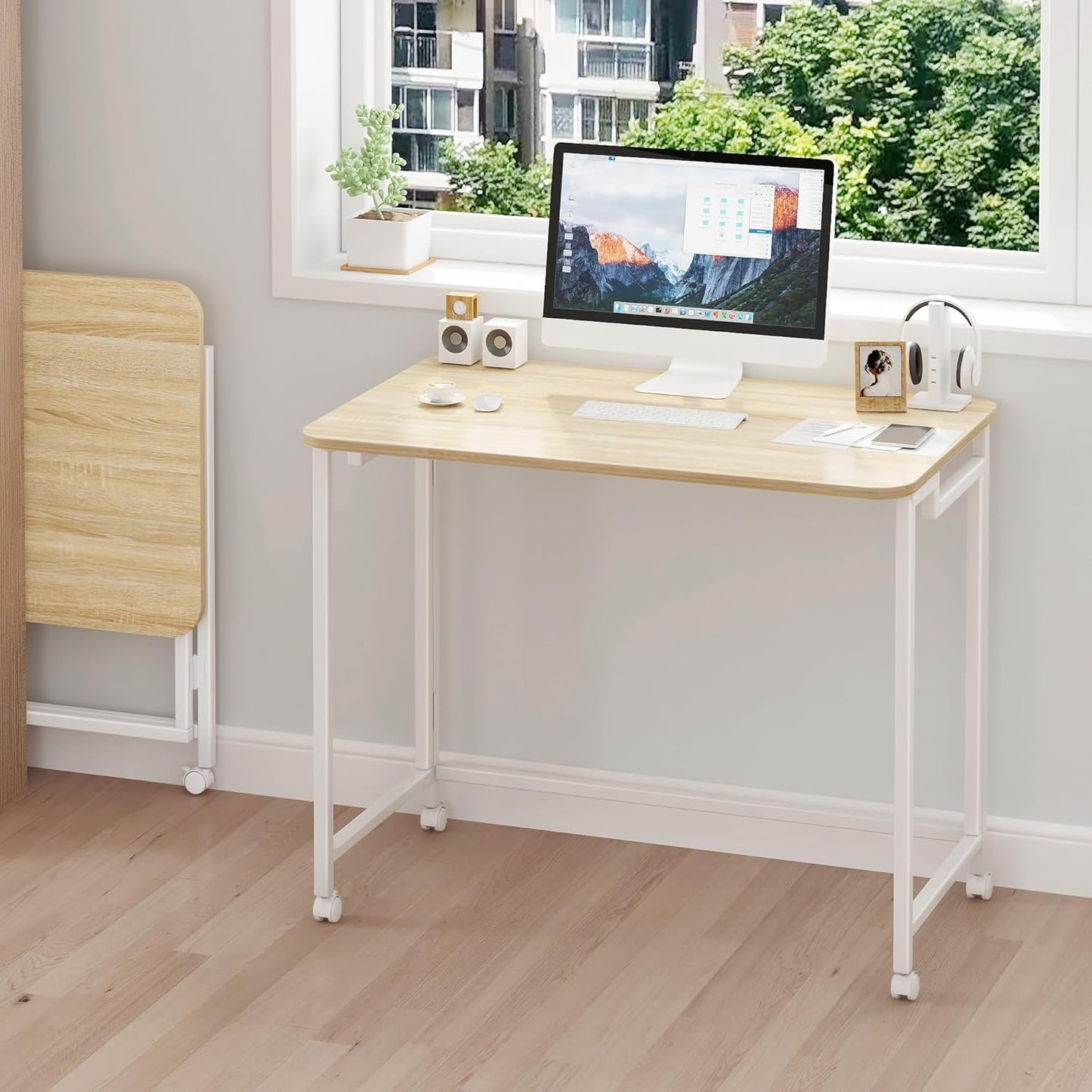 JSB Small Folding Computer Desk with Storage Bag and Hook Writing Modern Industrial Work Table Laptop for Home Office White (Natural & White, 31.5")