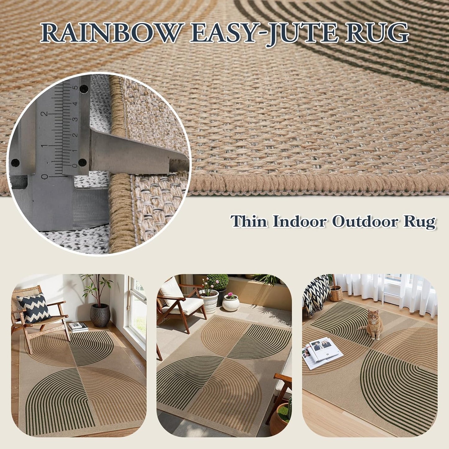 Lahome Modern Rainbow Easy Jute Office Rug, Washable Rugs 4x6 for Living Room Bedroom Farmhouse Kitchen Mats for Floor, Contemporary Non Slip Floor Carpet for Entryway Backyard Sunroom