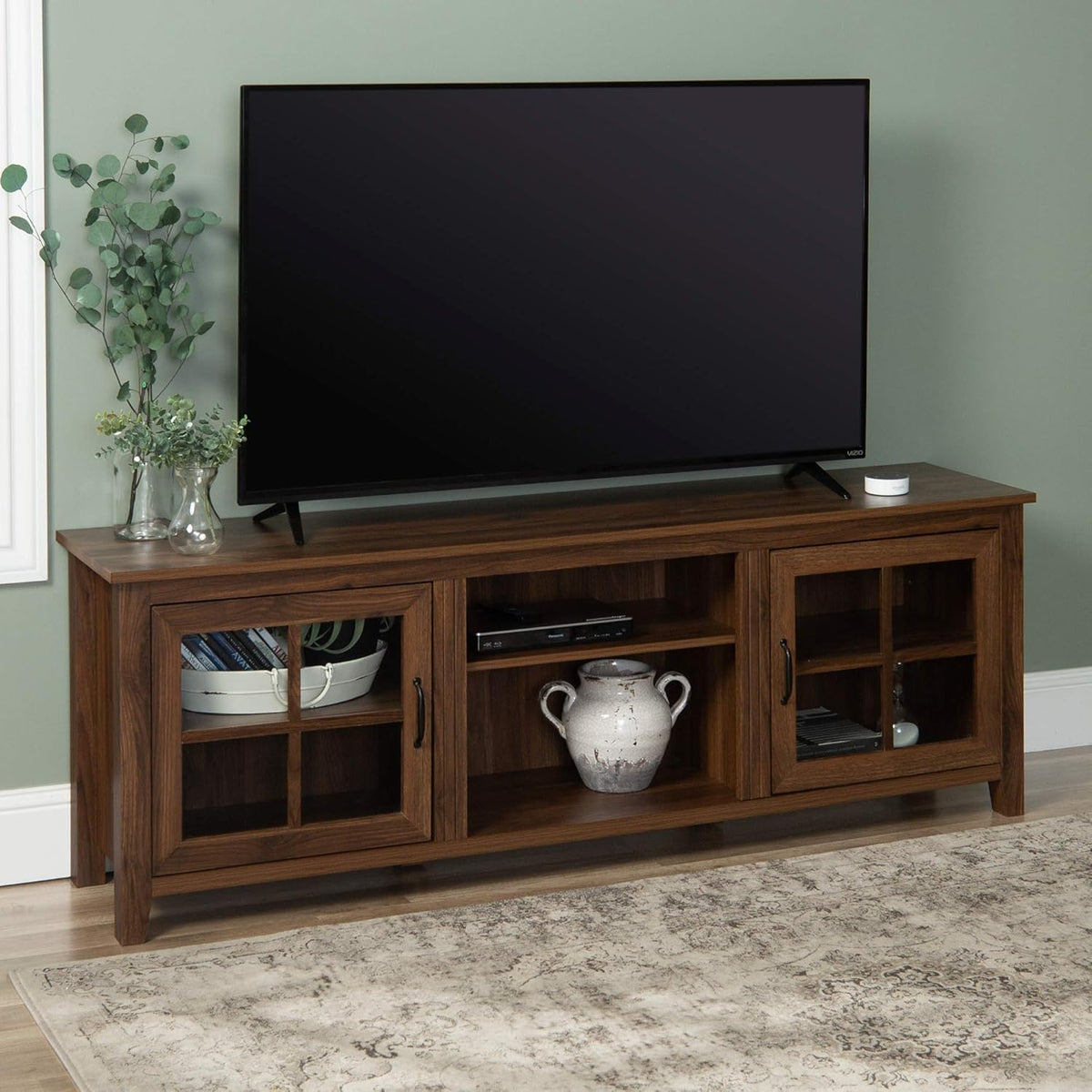 Walker Edison Portsmouth Classic 2 Glass Door TV Stand for TVs up to 80 Inches, 70 Inch, Dark Walnut