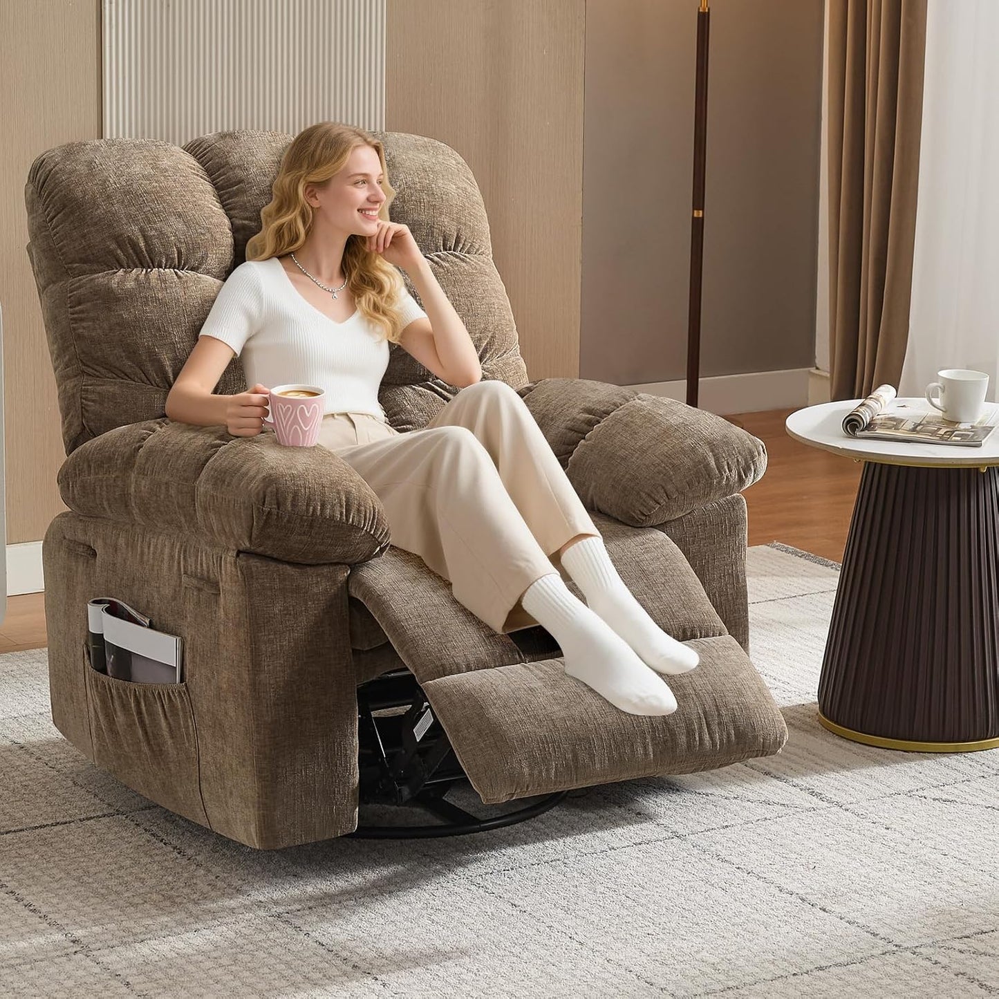 Rocking Recliner Chair with Vibration Massage & Heat, 360° Swivel Oversized Rocker Recliner with Side Pocket for Living Room, Bedroom & Nursery