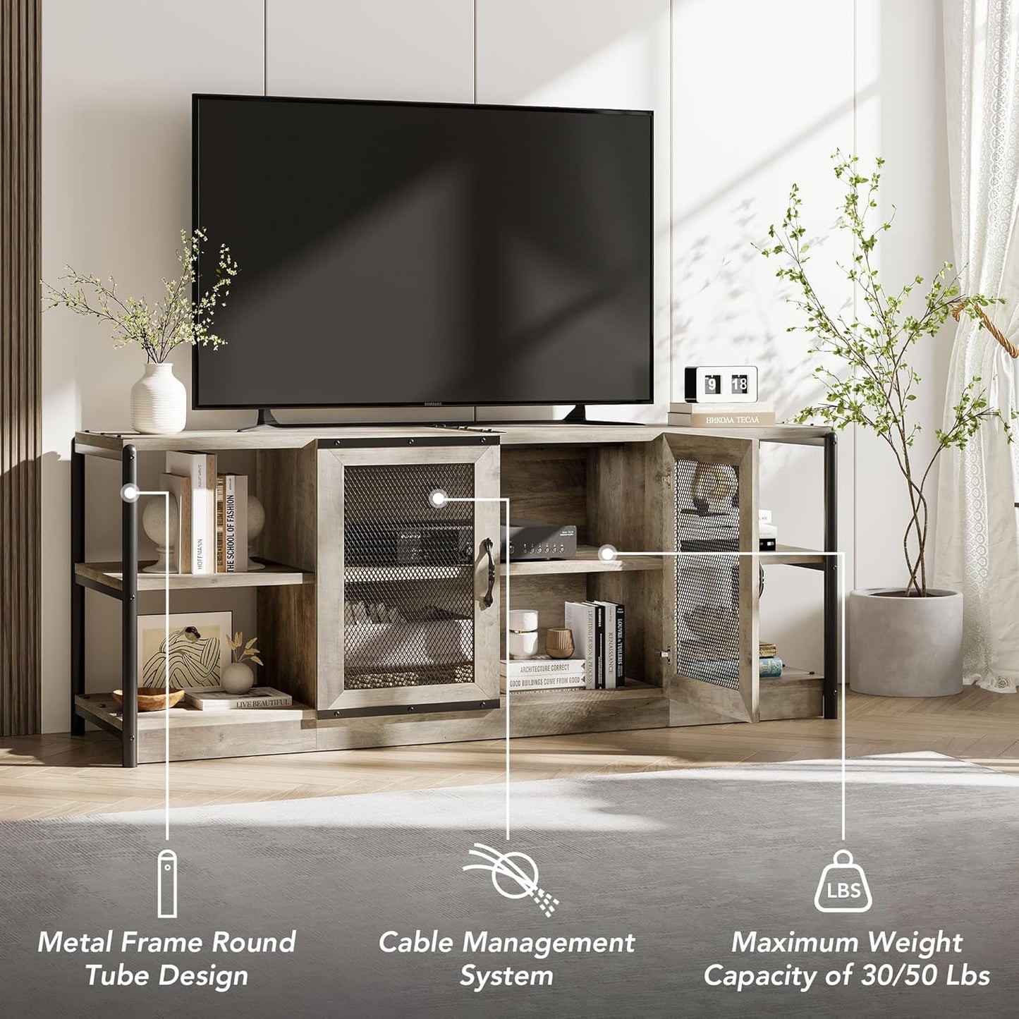 GarveeHome Farmhouse TV Stand for 65/75 Inch TVs, Entertainment Center with Storage Cabinet, 63'' Rustic TV Media Console Table, Furniture for Living Room, Grey