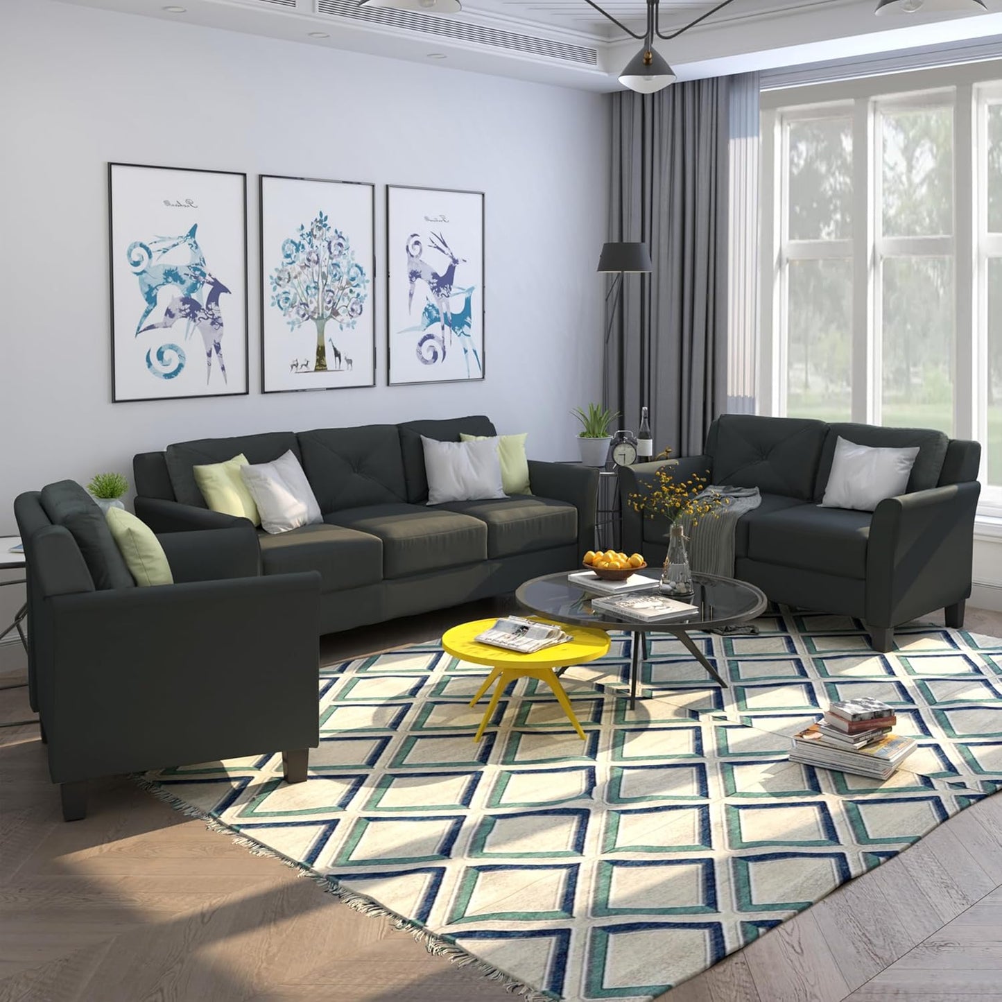 3 Pieses Modern Living Room Sofa Sets Polyester Blend Button Tufted Sofa&Couch Include 3Seaters Couch, Loveseat and Armchair with Ergonomically Curved Armrests for Home Apartment Office