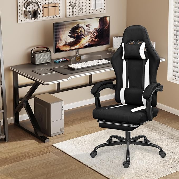 Breathable Fabric Gaming Chair with Footrest, Height Adjustable Game Chair, Video Gaming Chair for Gaming Room, Living Room and Office - Black/White