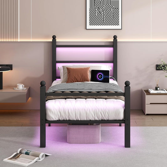 Twin Bed Frame with Headboard and Footboard,Steel Slats Support-LED Bed Frame with USB Charging Station,Mattress Foundation-Under Bed Storage,No Box Spring Needed,Noise Free,Black