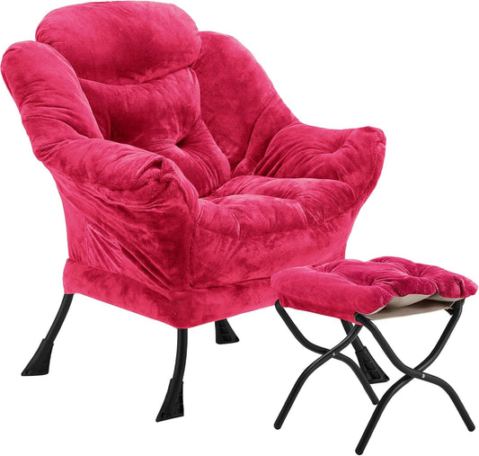 Lazy Chair with Folding Ottoman, Accent Chair Plush Upholstered with Metal Structure and Non-Slip Pads, Sofa Armchair with Footrest and Side Storage Bag for Dorm, Room, Office, Rose Red
