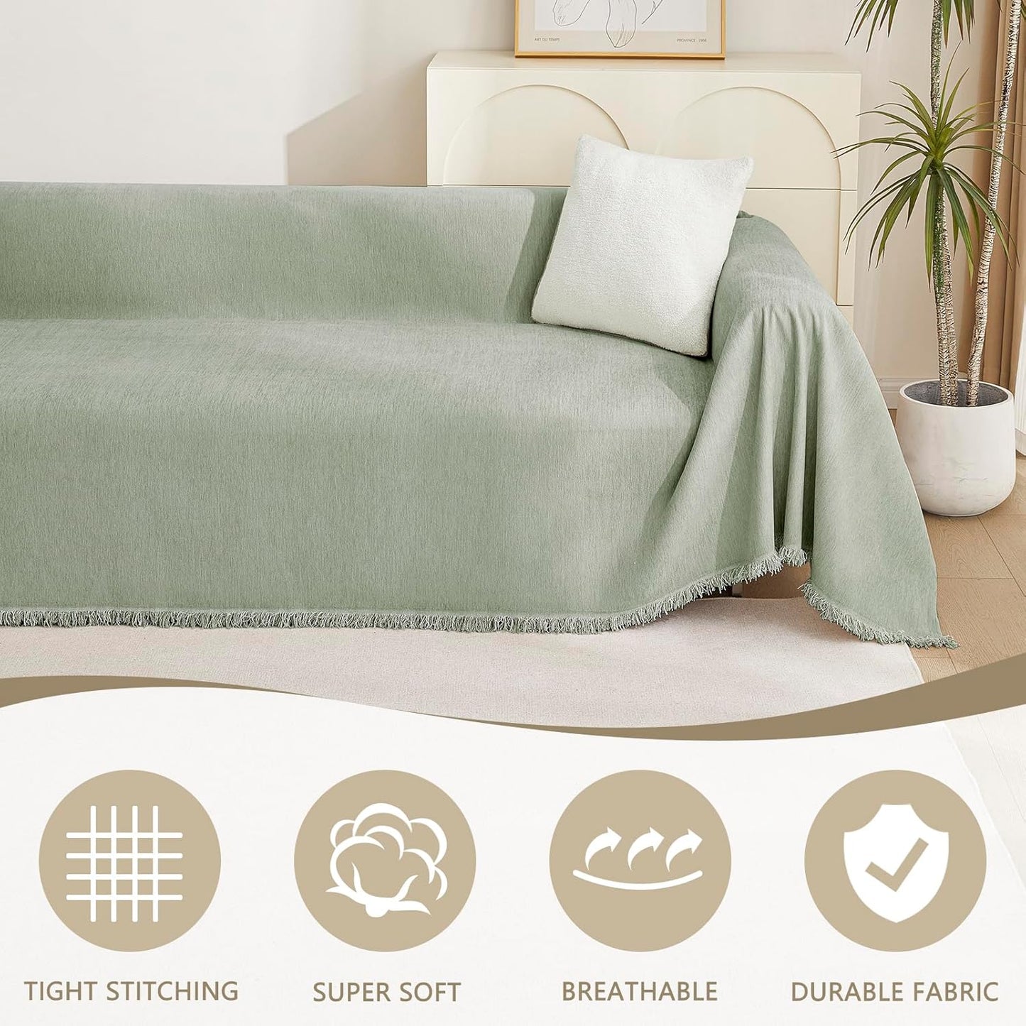 MYSKY HOME Green Sofa Covers Tassel Couch Cover for Pet Dogs Sage Couch Cushion Covers for L Shape Universal Chenille Sofa Throw Cover Washable Sectional Couch Covers for Living Room, 71" X102"