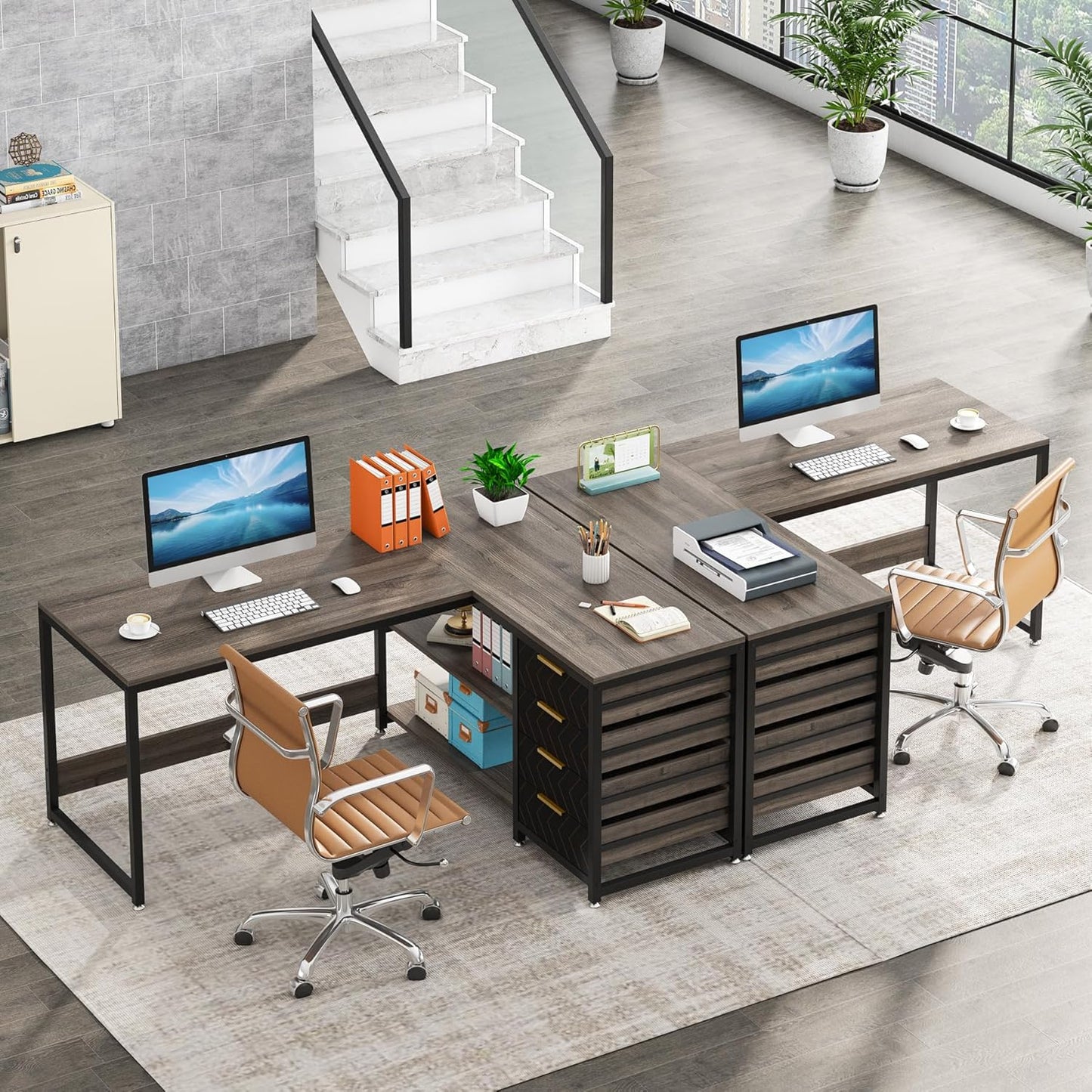 Tribesigns L Shaped Computer Desk with Storage Drawers, 59 inch Corner Desk with Shelves, Reversible L-Shaped Office Desk Writing Table Workstation for Home Office, Grey