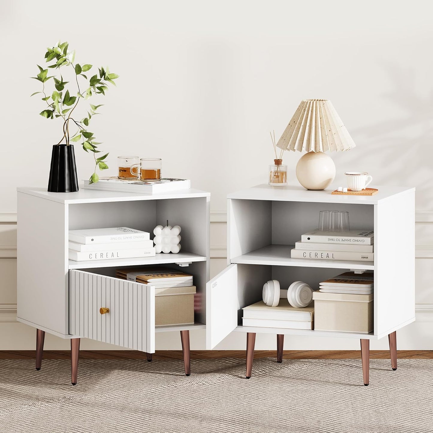 White Night Stand Set 2,Modern Bedside Table with Door and Open Storage,Fluted Nightstand and Wood End Side Table with Rose Gold Metal Legs and Handles for Bedroom,Living Room,White