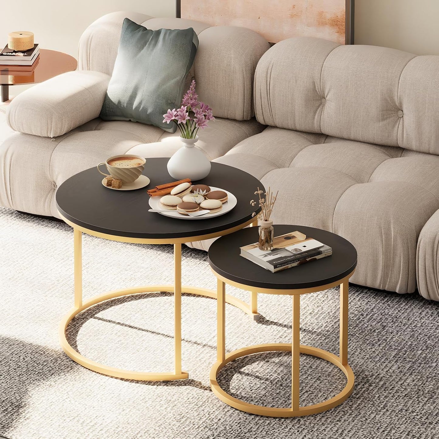 Garden 4 you Nesting Coffee Table, 23.6" Round Coffee Table Set of 2, Wooden Nesting Table Set with Metal Frame, Side Tables for Living Room Bedroom Balcony, Black
