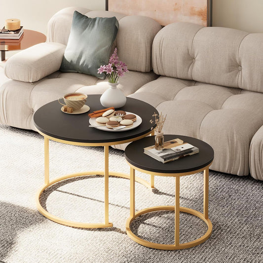 Garden 4 you Nesting Coffee Table, 23.6" Round Coffee Table Set of 2, Wooden Nesting Table Set with Metal Frame, Side Tables for Living Room Bedroom Balcony, Black