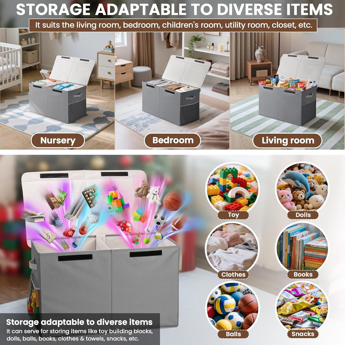 80L Large Toy Storage Box with Lid, Large Toy Box Chest for Kids, Girls and Boys, Nursery Room and Living Room, 26"x13" x16" - Grey