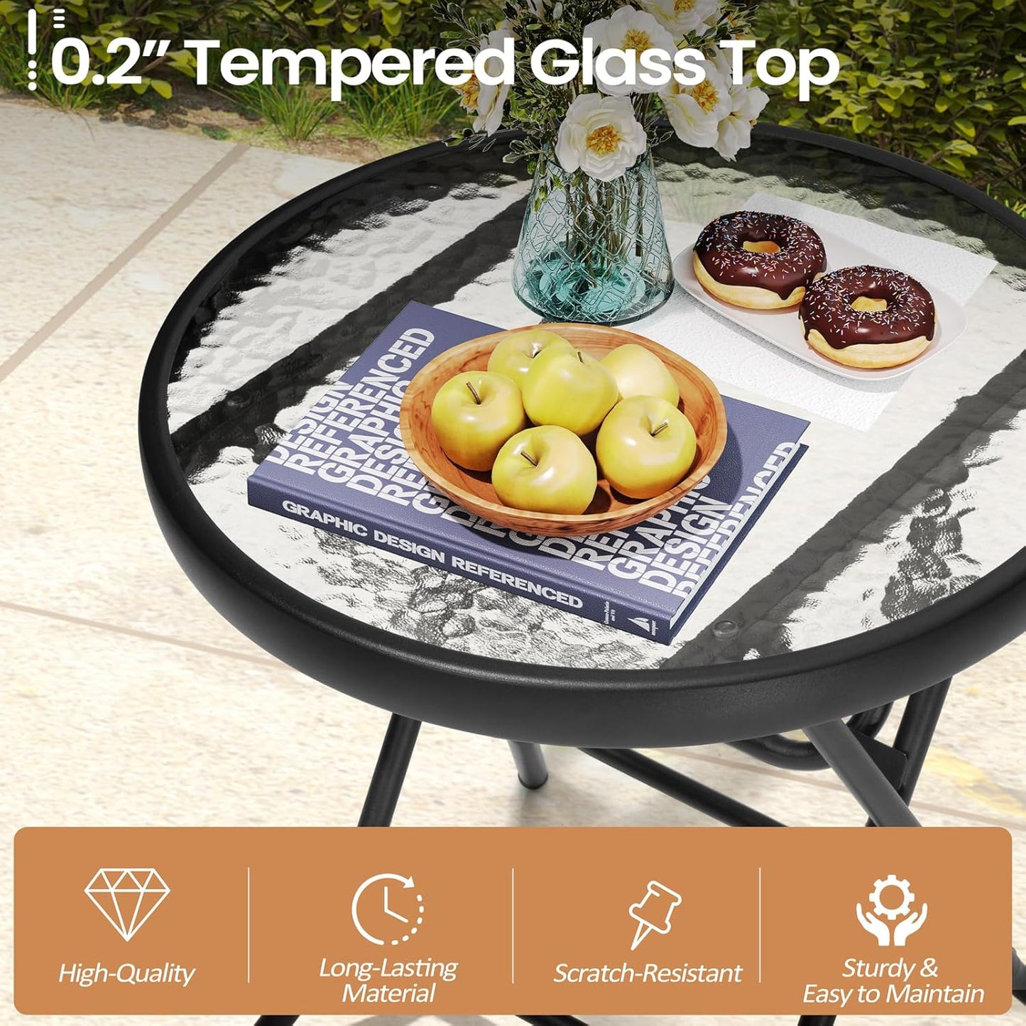 Foldable Patio Side Table Set of 2 with Tempered Glass Top 18" Folding Outdoor Side Tables Set of 2 Small Glass Patio End Tables for Porch Yard Balcony Deck Lawn Dining Garden (Black)