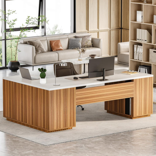 LITTLE TREE 87-Inch Modern Executive Desk with File Cabinet, Large Home Office Desk with Drawers, 3-Drawer Wooden File Cabinet, Spacious Workstation for Home Office (White & Brown)