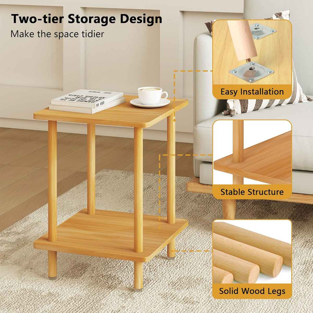 2-Tier End Table,Multi-Layer Side Cabinet with 4 Solid Wood Sturdy Legs for Living Room and Bed Room, Minimalist Modern (15.8"*15.8"*21")