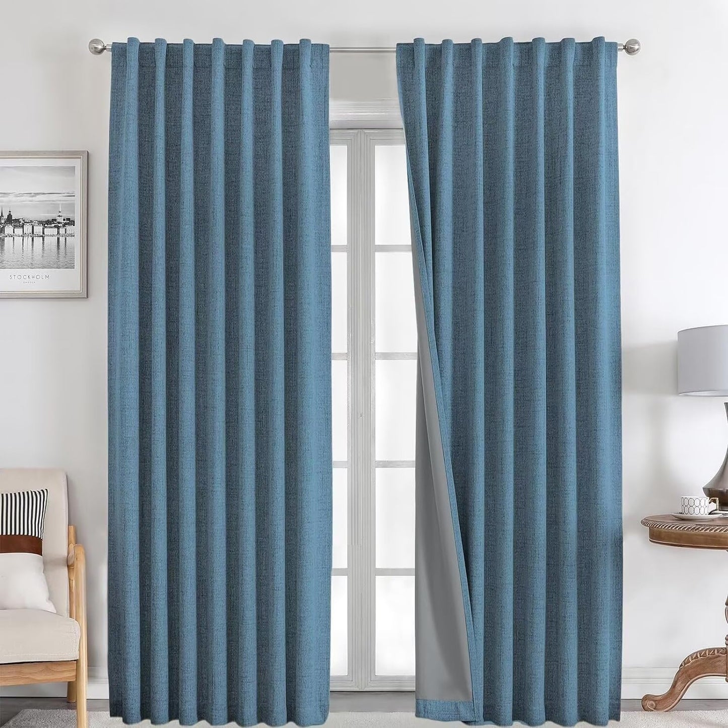 Joydeco Natural Linen Curtains 96 inch Length 2 Panels Set Burg 100% Blackout Patio Door Curtain Room Darkening Sliding Door Curtains Thermal Insulated Back tab Rod Pocket(105x96 inch, Sky Blue)