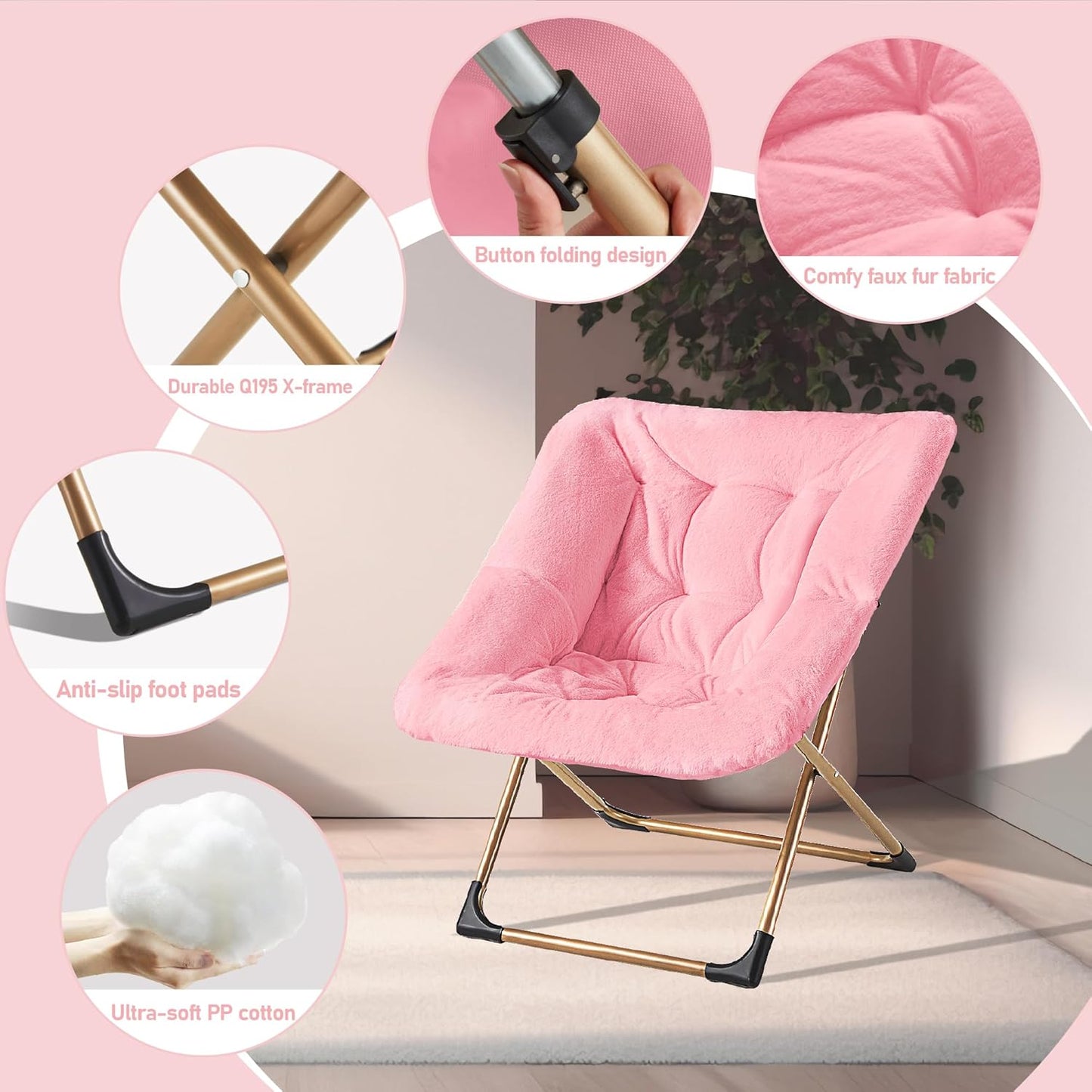 Comfy Oversized Saucer Chair, Soft Faux Fur Reading Lounge Chair for Adults, Stable X-Large Metal Frame and Non-Slip Pad, Foldable Cozy Chairs for Bedroom, Living Room, Dorm, Office, Pink