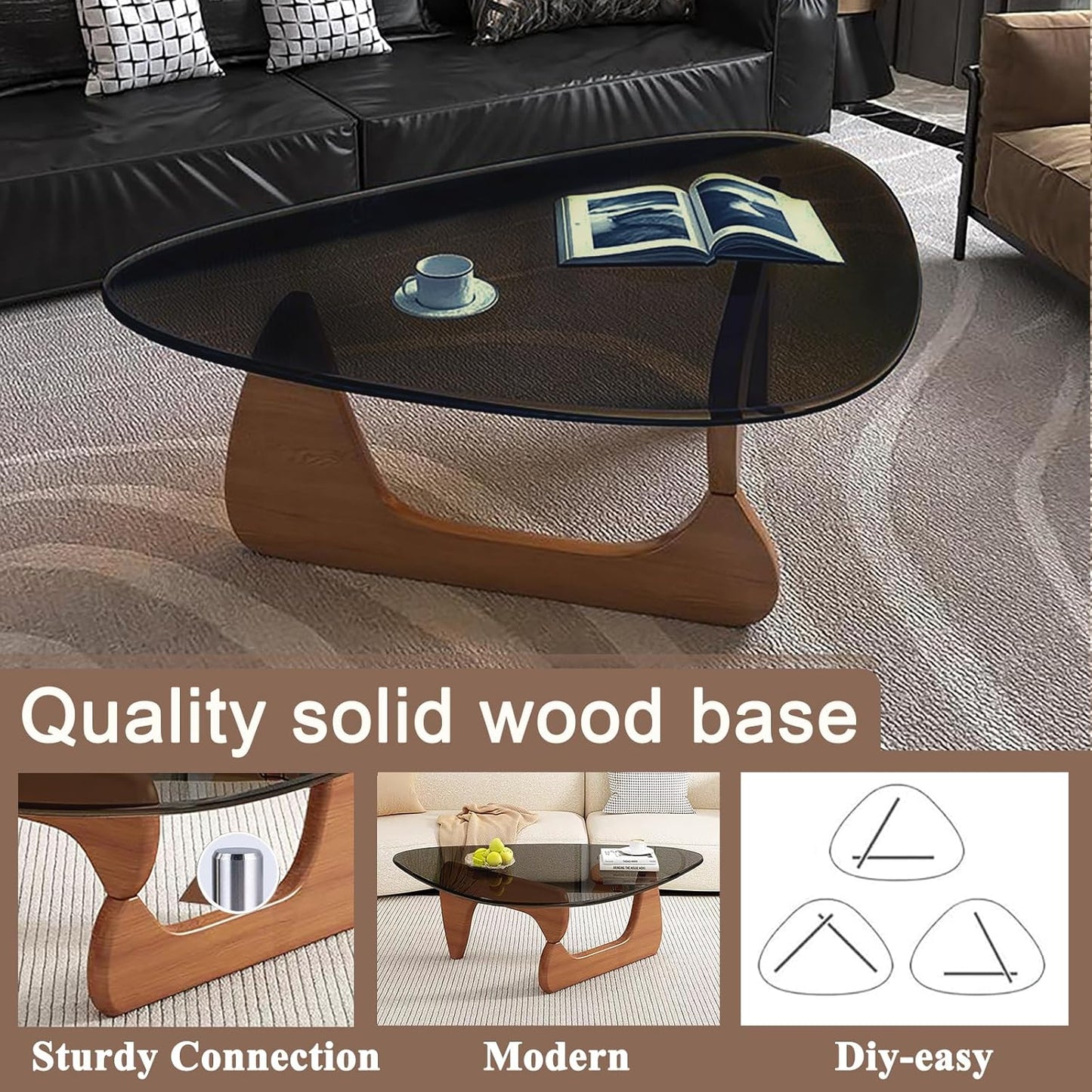 Mid Century Modern Glass Coffee Table, Small Coffee Table for Living Room, Elegant and Functional Coffee Tables Suitable for Bedroom Living Room Reception Office Tables（Walnut/Grey，Small）