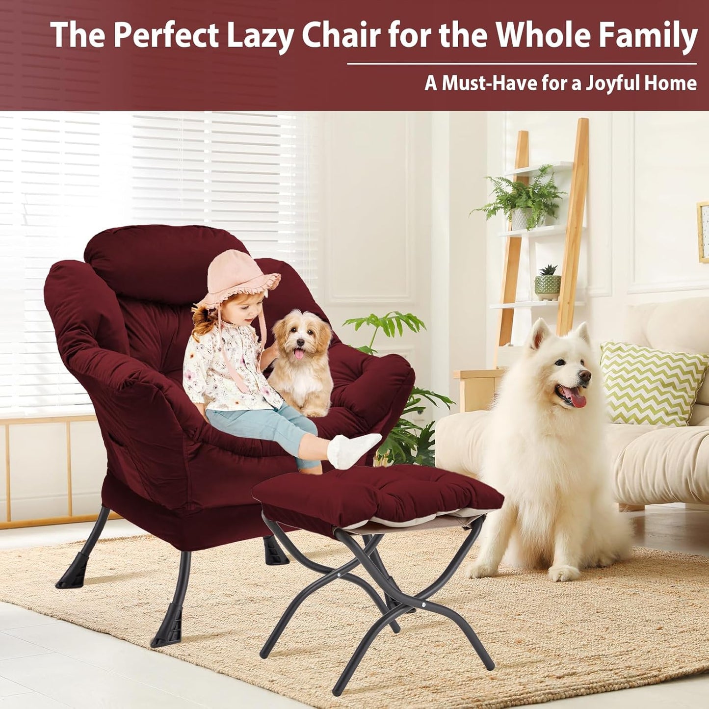 Lazy Chair with Folding Ottoman, Accent Chair Velvet Upholstered with Metal Structure and Non-Slip Pads, Sofa Armchair with Footrest and Side Storage Bag for Dorm, Room, Office, Burgundy